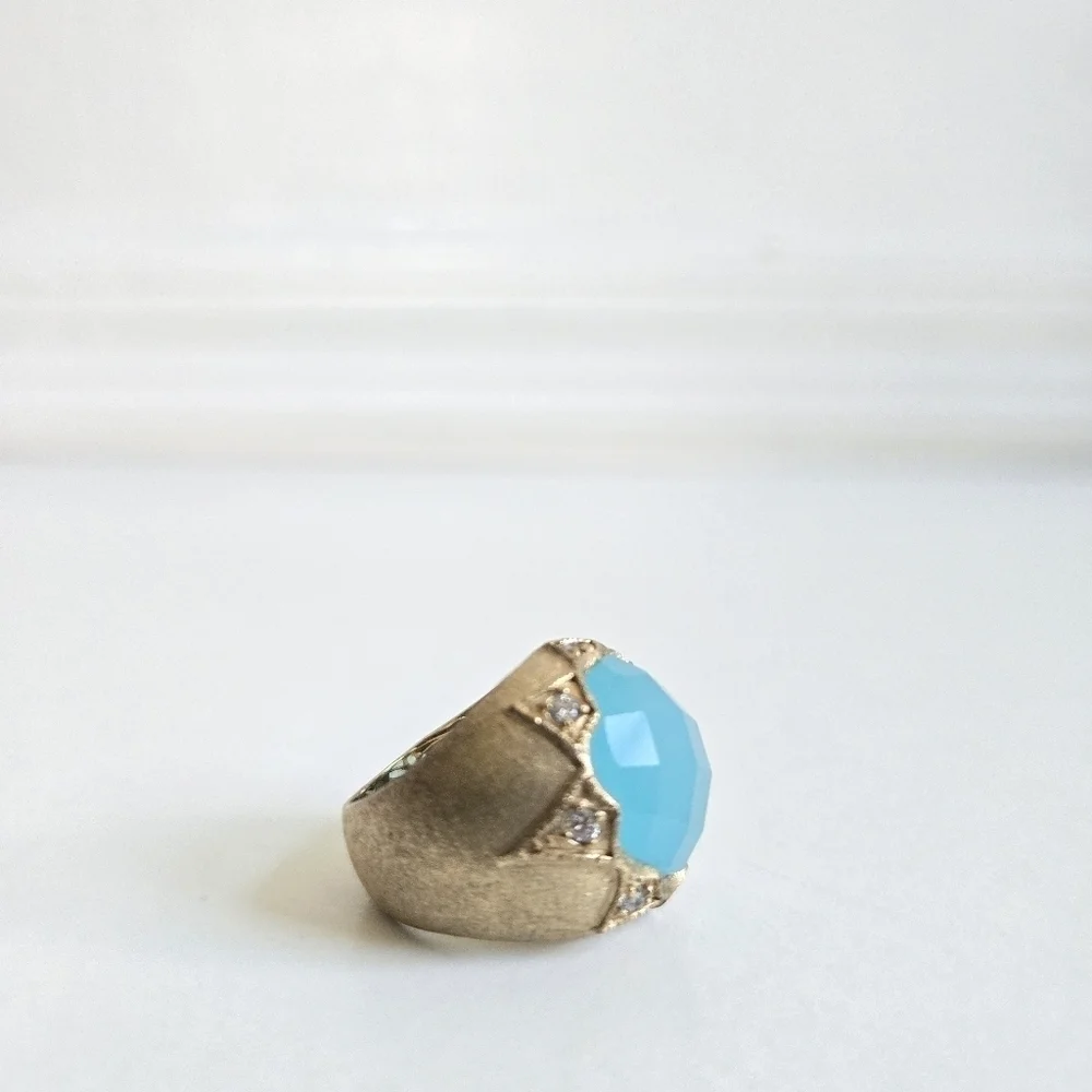 Rivka Friedman 18K Gold Clad Caribbean Blue Quartzite Bold Round Faceted Ring